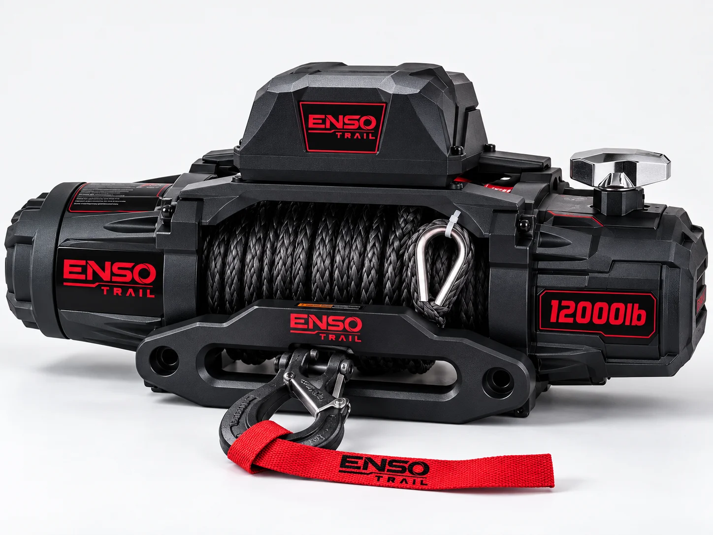შავი ENSO TRAIL ელექტრო ჯალამბარი სინთეტიკური თოკით, ლითონის კაუჭითა და წითელი ბრენდირებული ღვედით